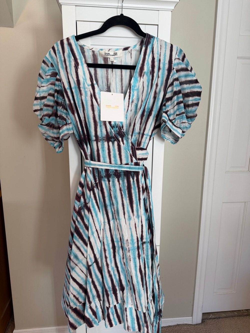 Diane Von Furstenberg Teal, White & Brown Striped true Wrap Midi Dress